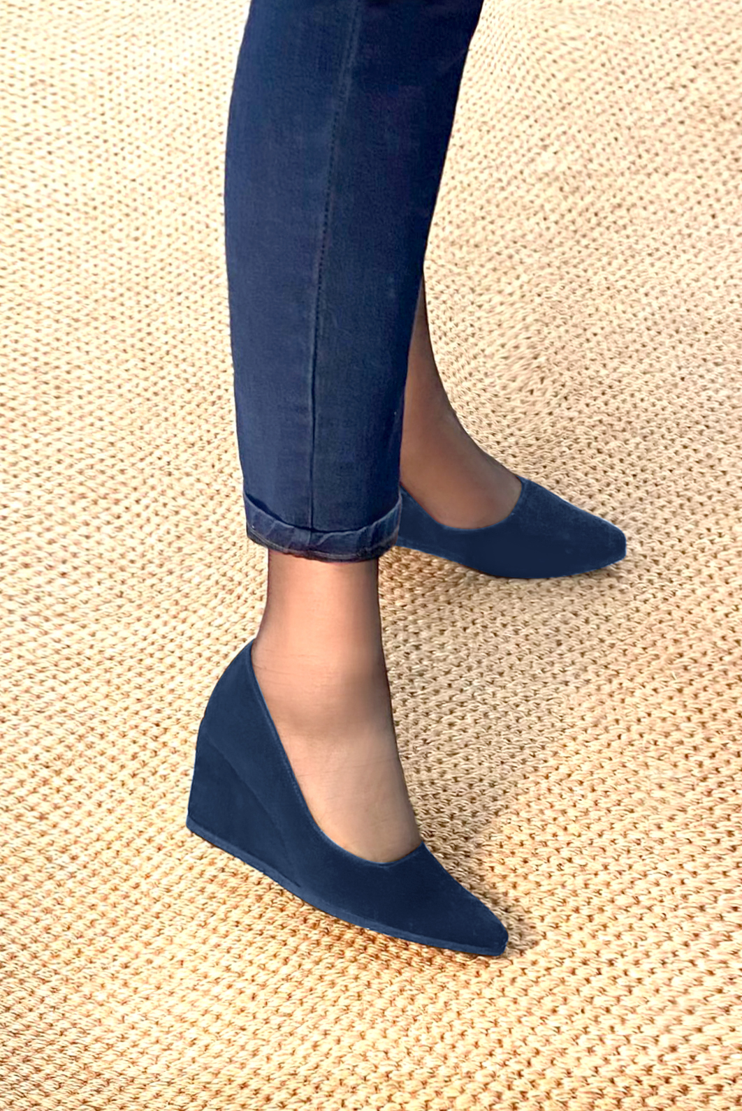 Navy blue women's dress pumps,with a square neckline. Tapered toe. Medium wedge heels. Top view - Florence KOOIJMAN